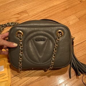 Valentino by Mario Valentino slate grey crossbody bag with gold chain straps